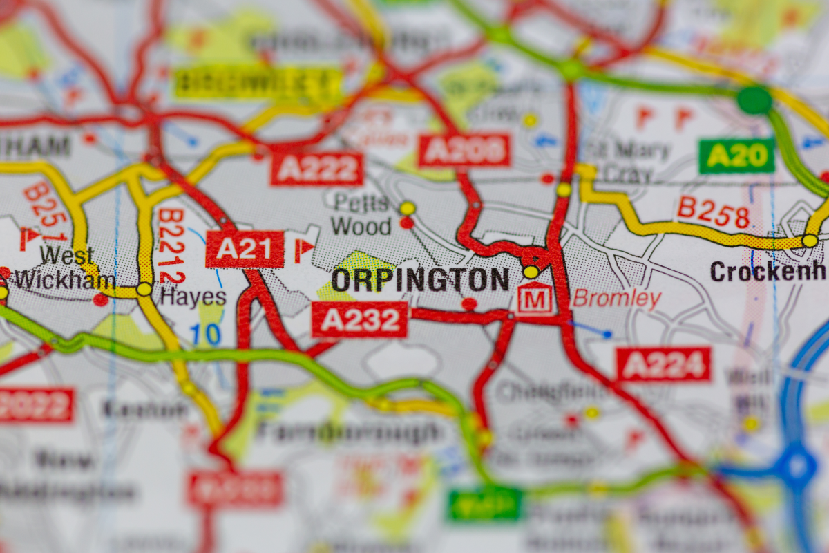 a close-up map of Orpington